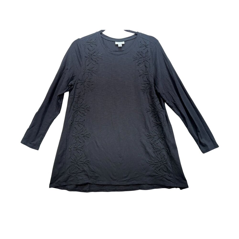 J. Jill Womens Embroidered Long Sleeve Tunic Top M Petite Black Cotton Blend